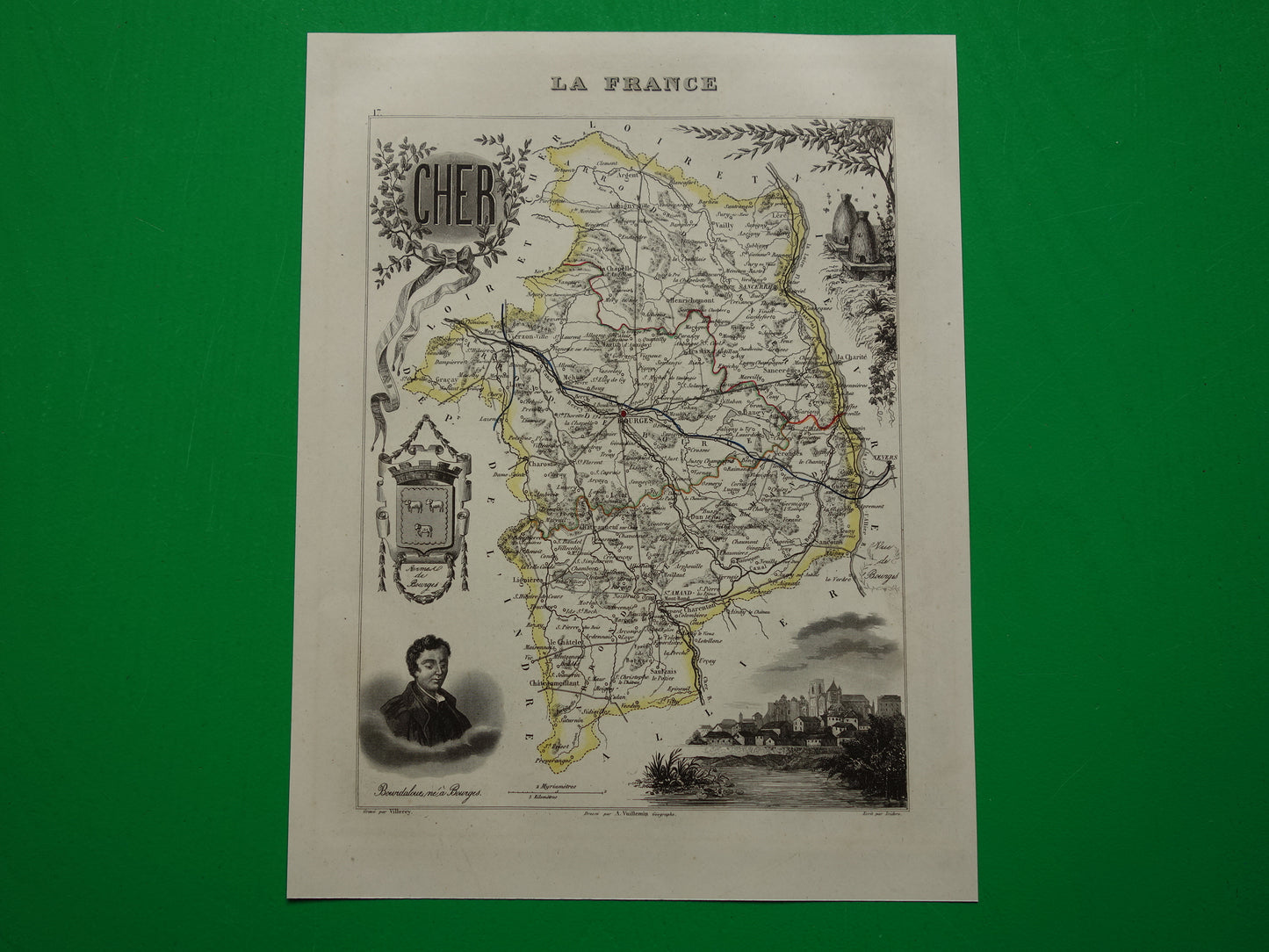 Vintage map of Cher department in France from 1851 original old antique map Bourges Vierzon Baugy