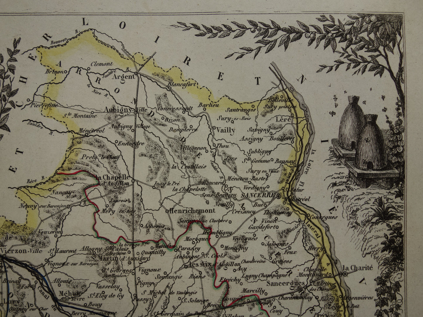 Vintage map of Cher department in France from 1851 original old antique map Bourges Vierzon Baugy