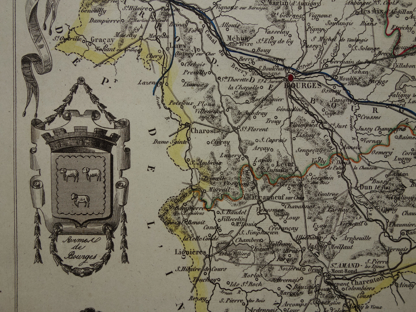 Vintage map of Cher department in France from 1851 original old antique map Bourges Vierzon Baugy