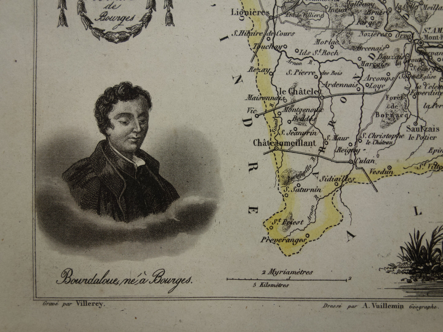 Vintage map of Cher department in France from 1851 original old antique map Bourges Vierzon Baugy
