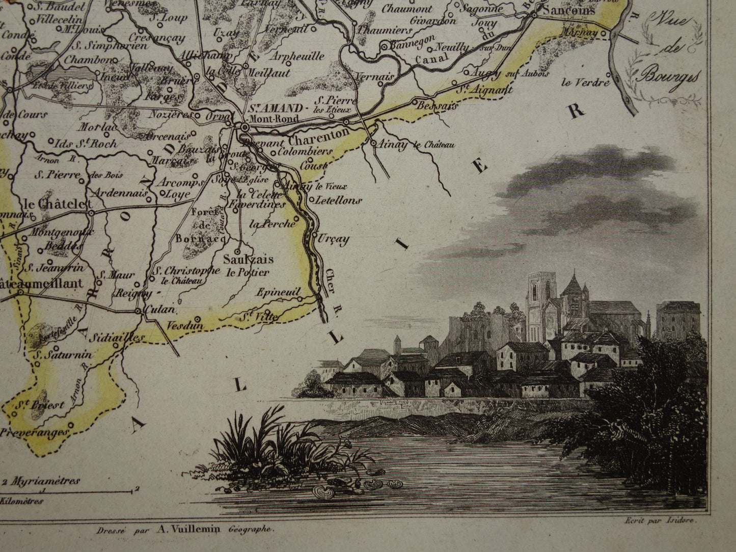 Vintage map of Cher department in France from 1851 original old antique map Bourges Vierzon Baugy