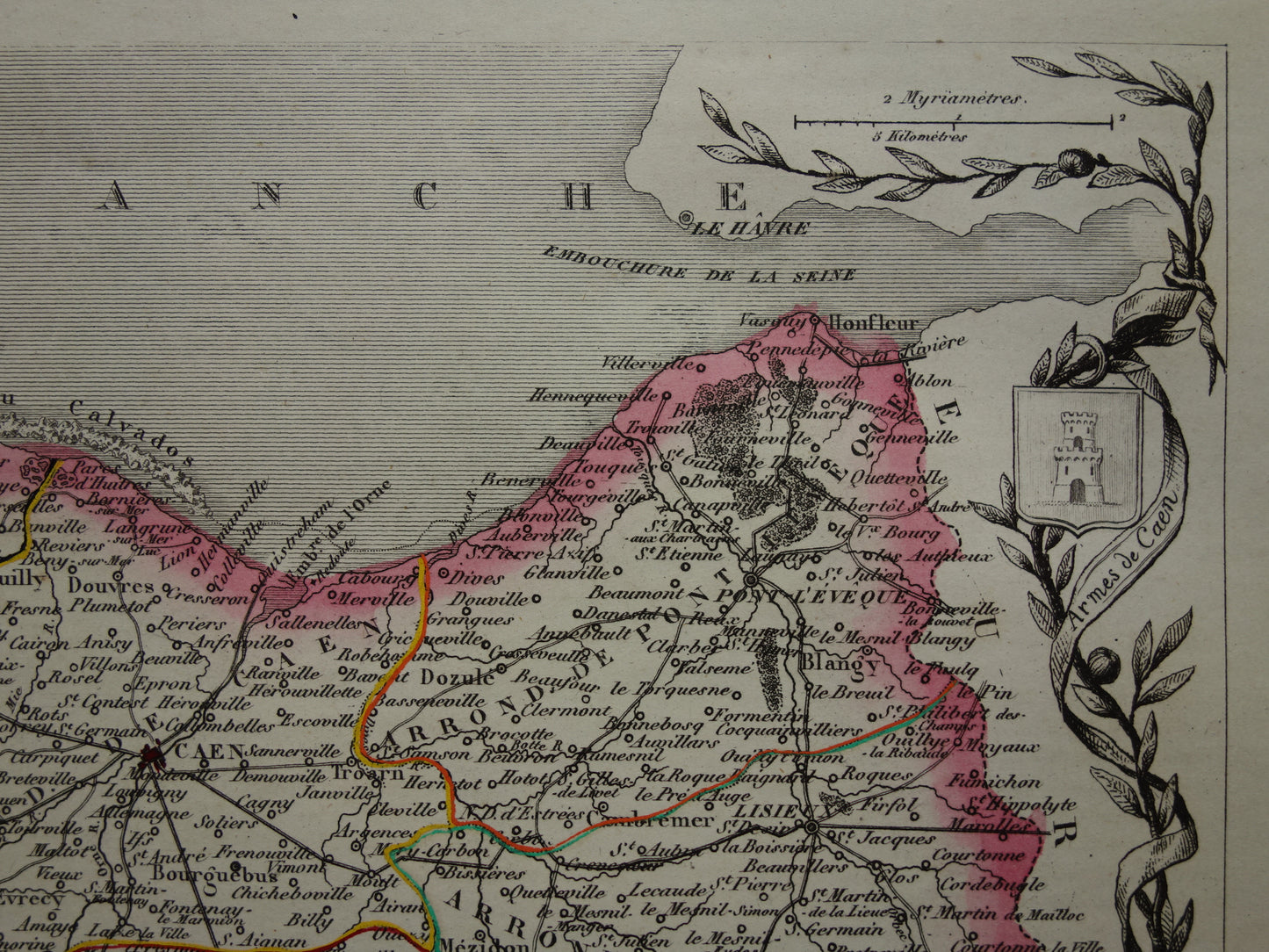 Antieke kaart van Calvados departement in Frankrijk uit 1851 originele oude handgekleurde landkaart Caen Hérouville-Saint-Clair Lisieux Bayeux