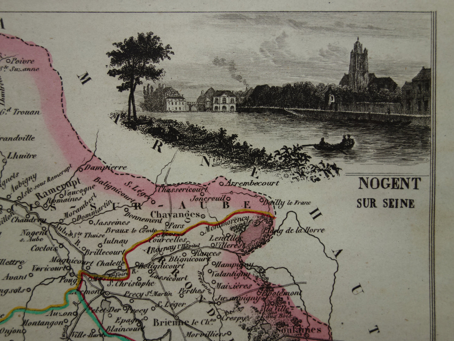 Antieke kaart van Aube departement in Frankrijk uit 1851 originele oude handgekleurde landkaart Troyes Bar sur Aube Seine Nogent