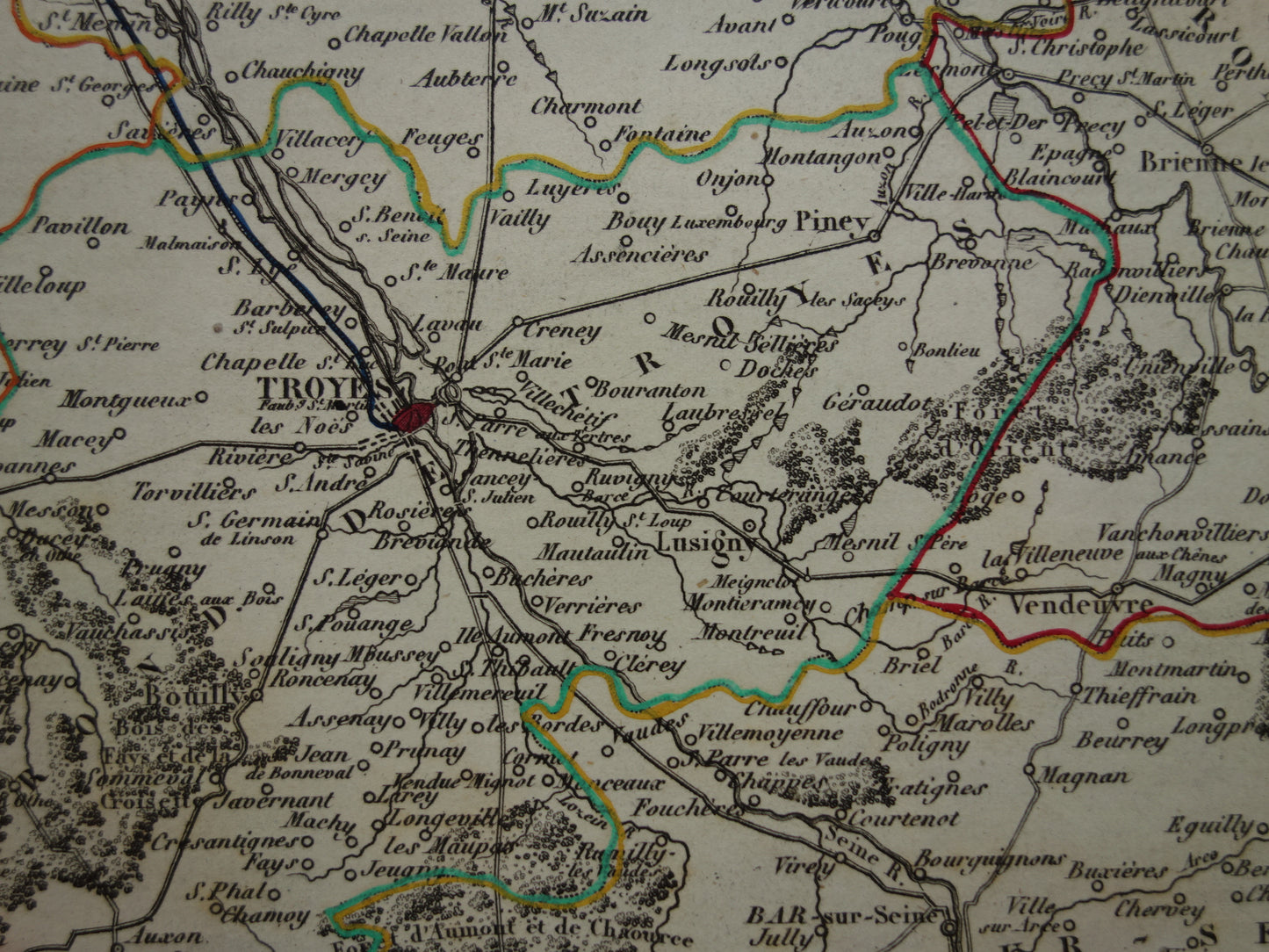 Antieke kaart van Aube departement in Frankrijk uit 1851 originele oude handgekleurde landkaart Troyes Bar sur Aube Seine Nogent