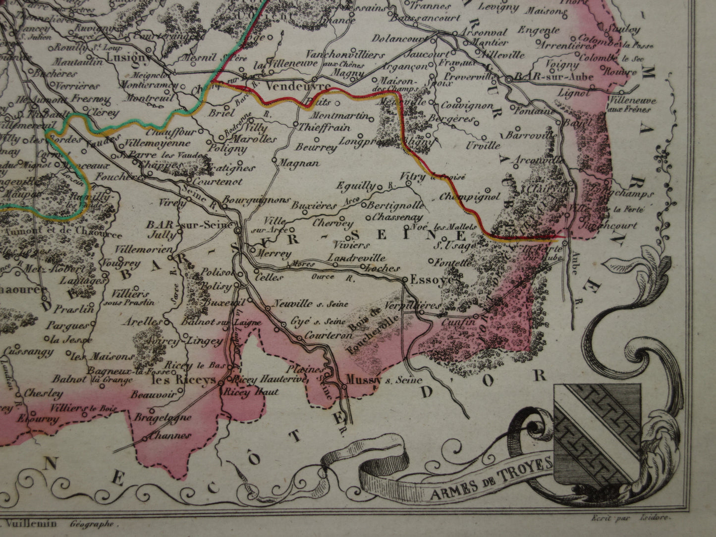 Antieke kaart van Aube departement in Frankrijk uit 1851 originele oude handgekleurde landkaart Troyes Bar sur Aube Seine Nogent