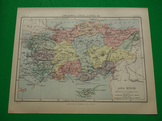 Asia Minor oude kaart van Turkije in de oudheid 1883 originele antieke landkaart Lydië Lycië Phrygië Carië geschiedeniskaart