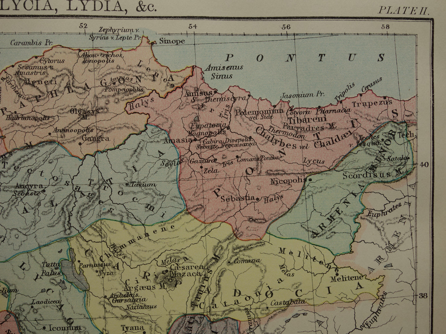 Asia Minor old map of Turkey in antiquity 1883 original antique map Lydia Lycia Phrygia Caria history map