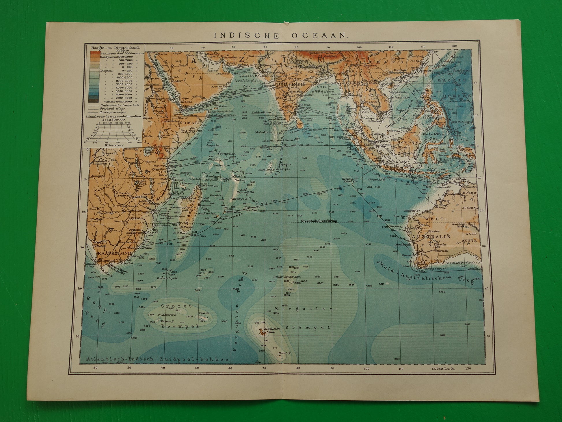 Oude kaart van de Indische Oceaan Originele 110+ jaar oude antieke Nederlandse landkaart zeekaart