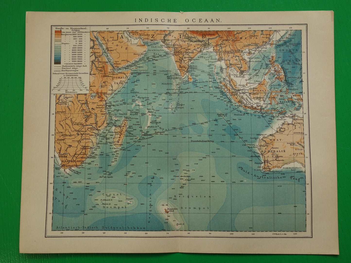 Old map of the Indian Ocean Original 110+ year old antique Dutch map sea chart