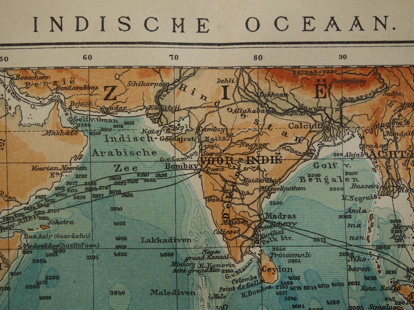 Old map of the Indian Ocean Original 110+ year old antique Dutch map sea chart