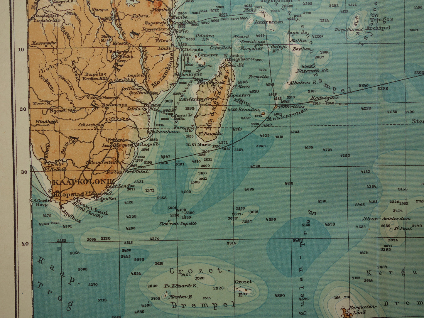 Old map of the Indian Ocean Original 110+ year old antique Dutch map sea chart
