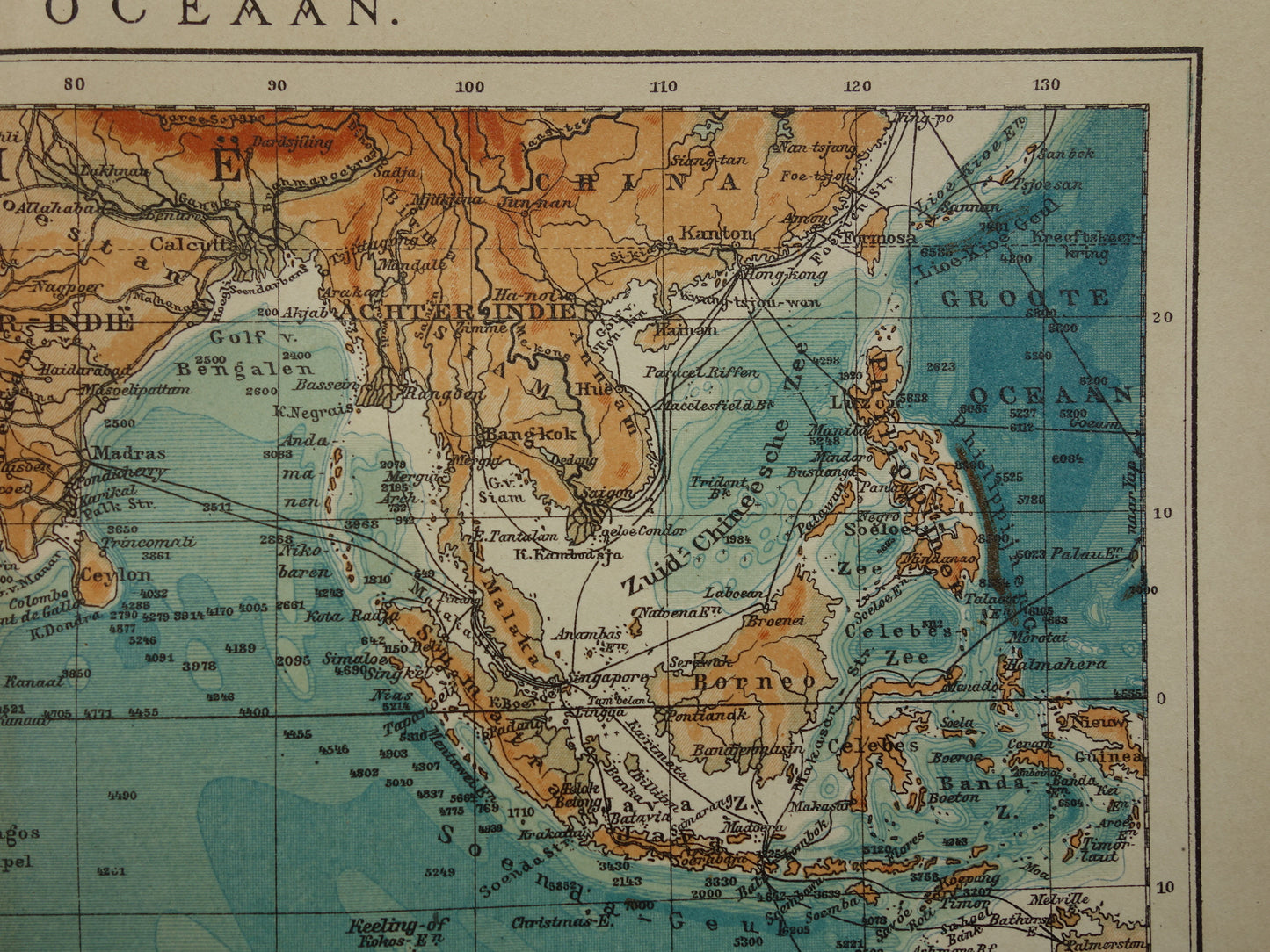 Old map of the Indian Ocean Original 110+ year old antique Dutch map sea chart