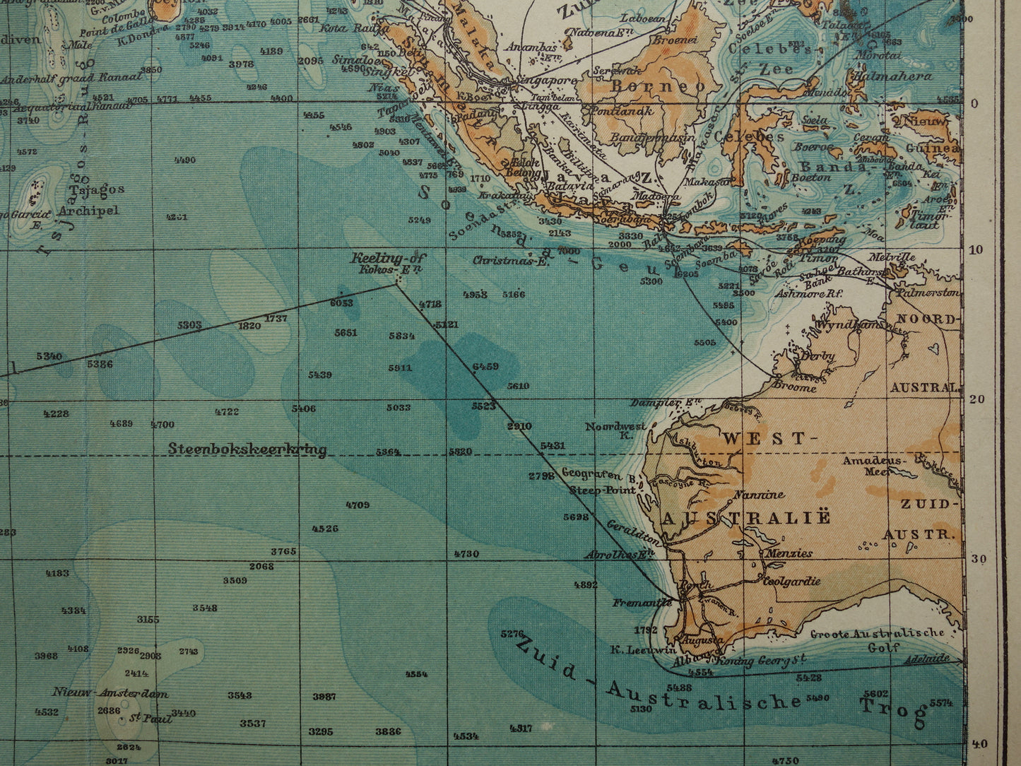 Old map of the Indian Ocean Original 110+ year old antique Dutch map sea chart