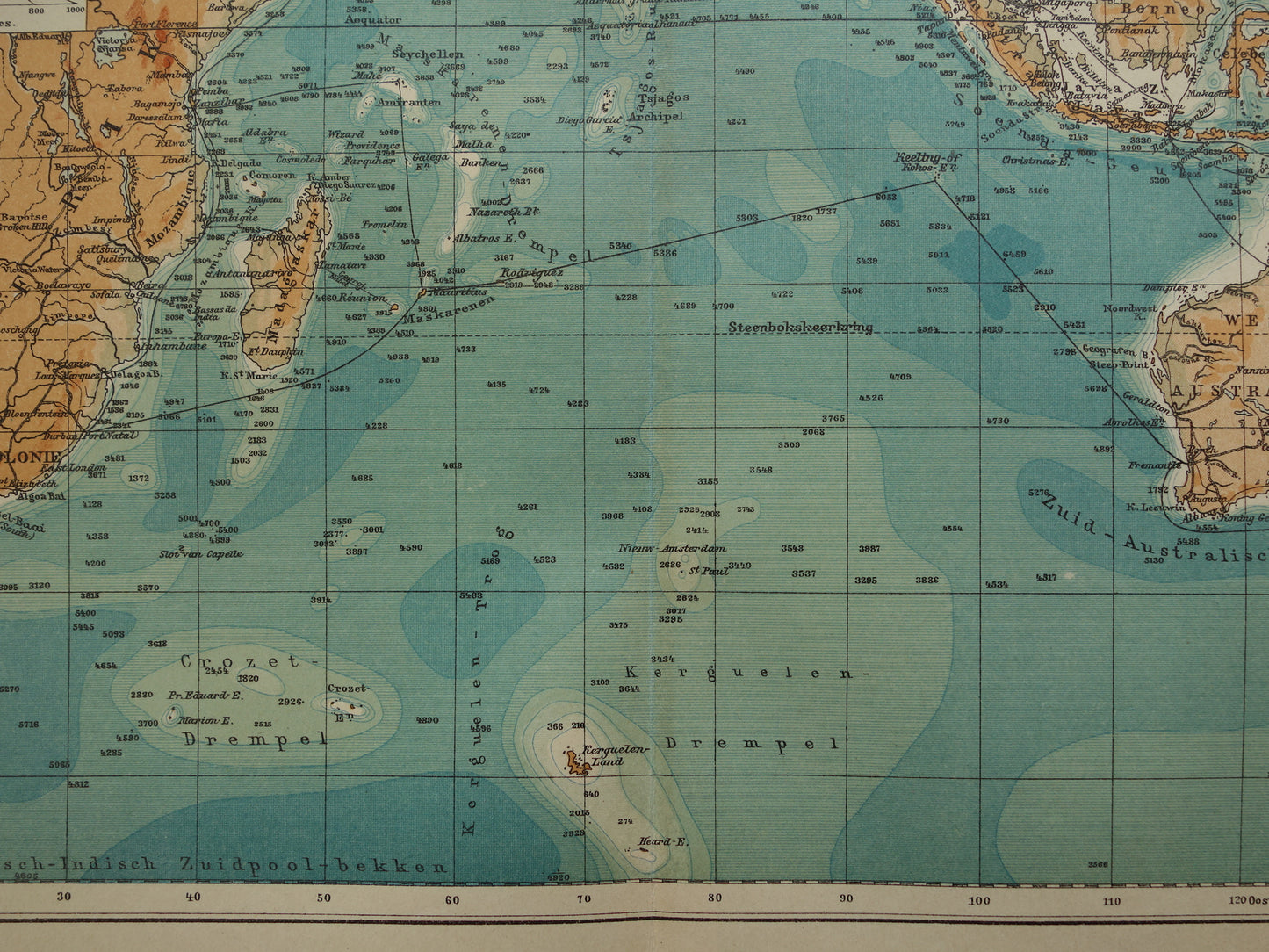 Old map of the Indian Ocean Original 110+ year old antique Dutch map sea chart