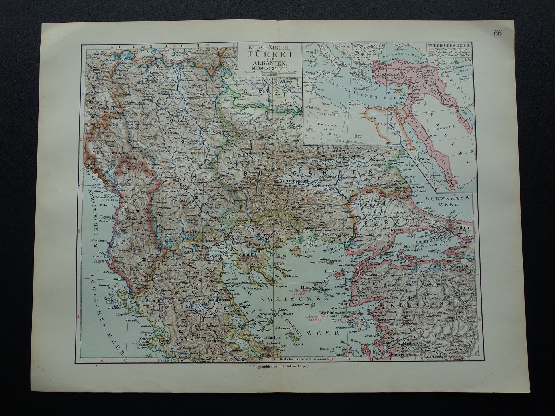 Servië en Albanië oude kaart van de Balkan 1913 originele antieke Duitse landkaart van het Turkse Rijk