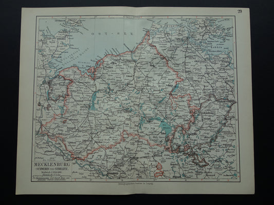 DUITSLAND oude kaart van Mecklenburg Schwerin Strelitz 1906 originele antieke Duitse landkaart van noordoost Duitsland Rostock Lübeck
