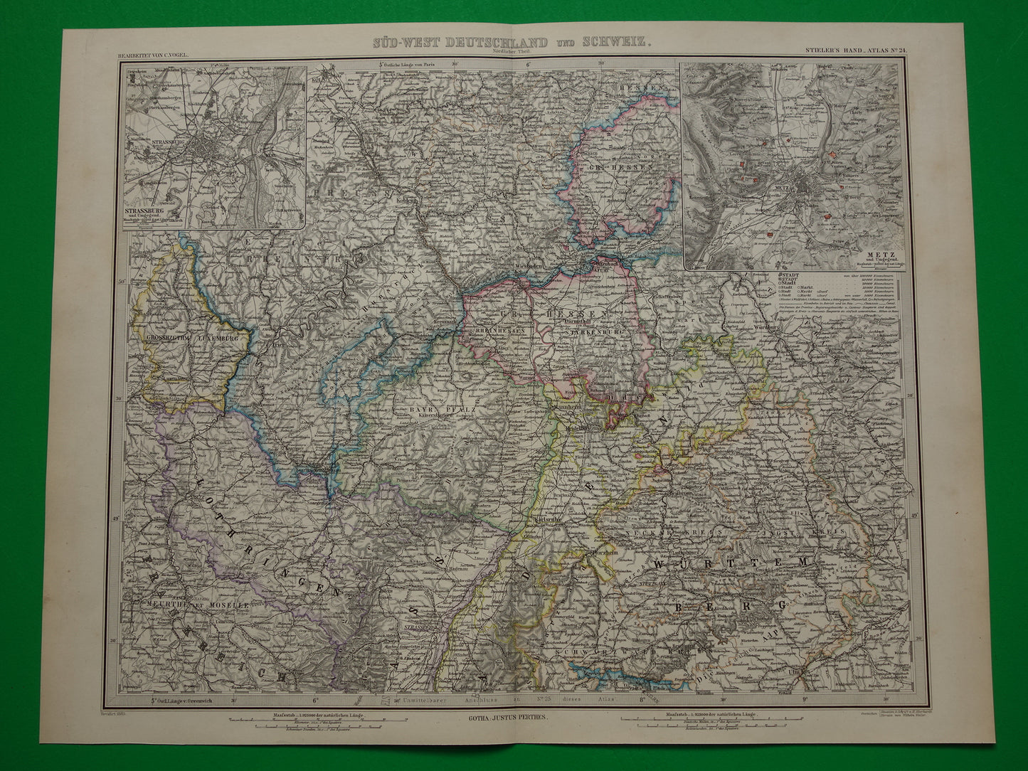 Antieke kaart van zuidwest Duitsland 1885 Mooie originele oude landkaart van Stuttgart Karlsruhe Hessen Darmstadt Mannheim Straatsburg Lotharingen Hunsrück vintage landkaarten