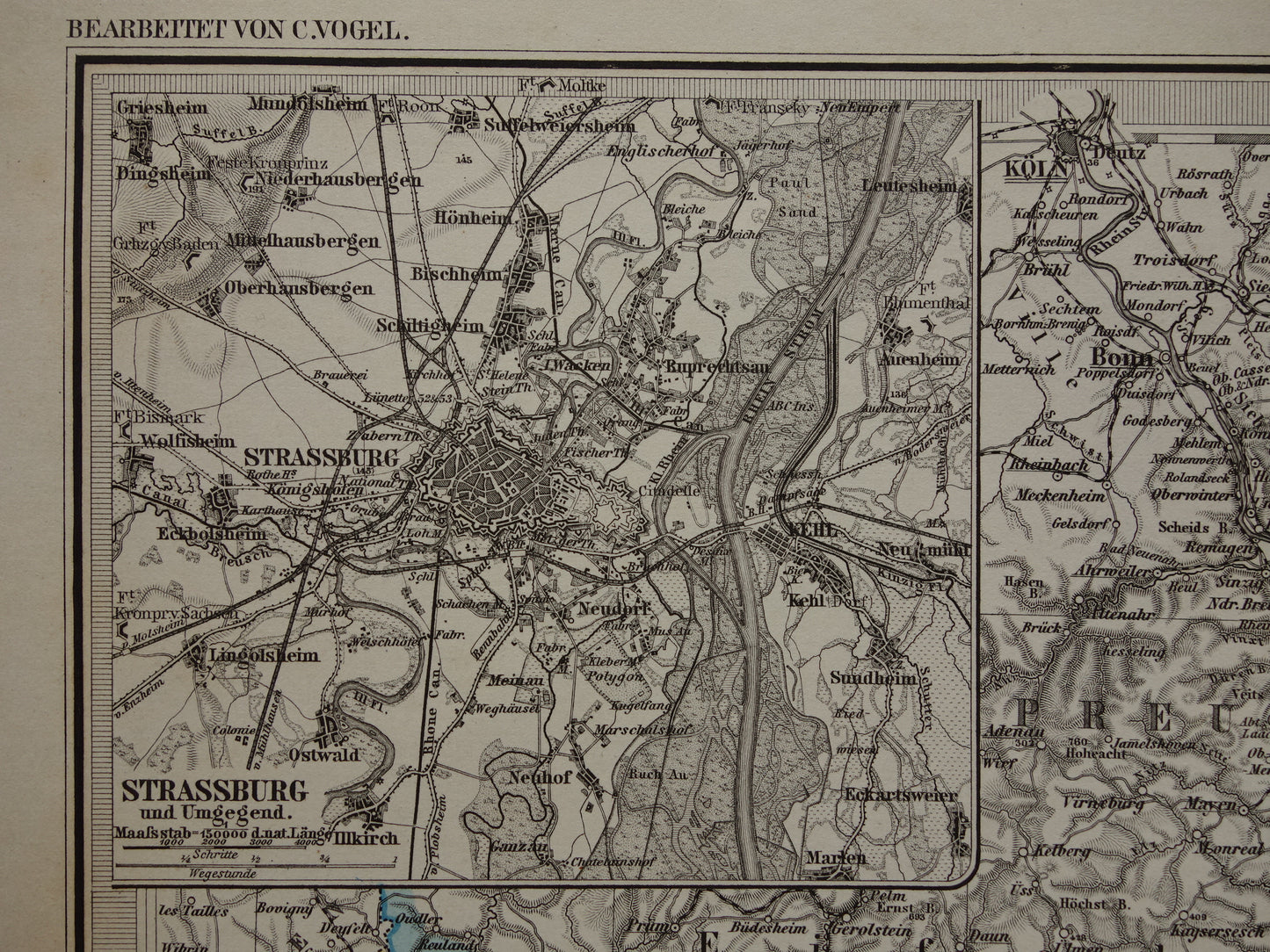 Antieke kaart van zuidwest Duitsland 1885 Mooie originele oude landkaart van Stuttgart Karlsruhe Hessen Darmstadt Mannheim Straatsburg Lotharingen Hunsrück vintage landkaarten