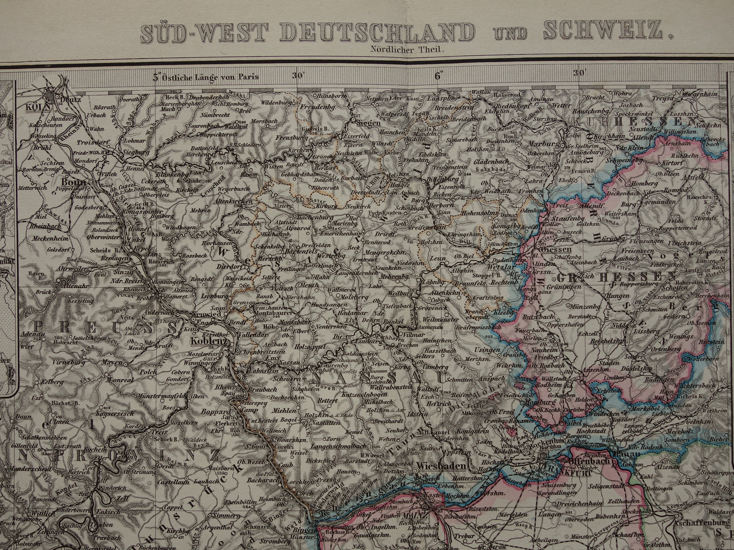 Antieke kaart van zuidwest Duitsland 1885 Mooie originele oude landkaart van Stuttgart Karlsruhe Hessen Darmstadt Mannheim Straatsburg Lotharingen Hunsrück vintage landkaarten