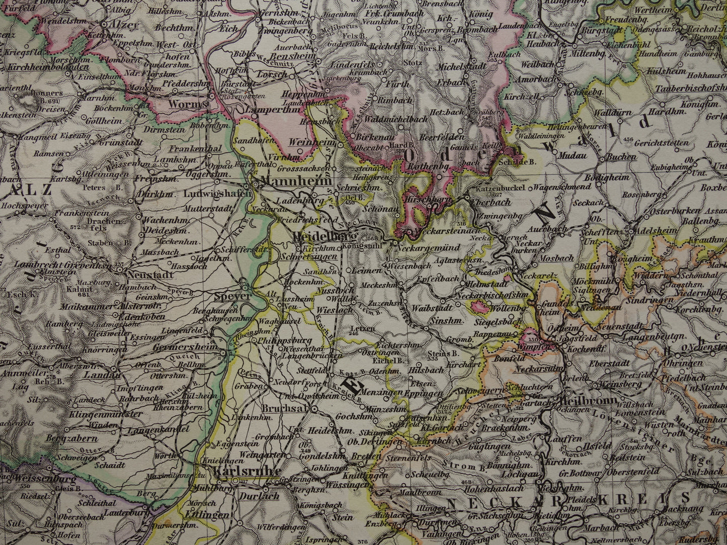 Antieke kaart van zuidwest Duitsland 1885 Mooie originele oude landkaart van Stuttgart Karlsruhe Hessen Darmstadt Mannheim Straatsburg Lotharingen Hunsrück vintage landkaarten