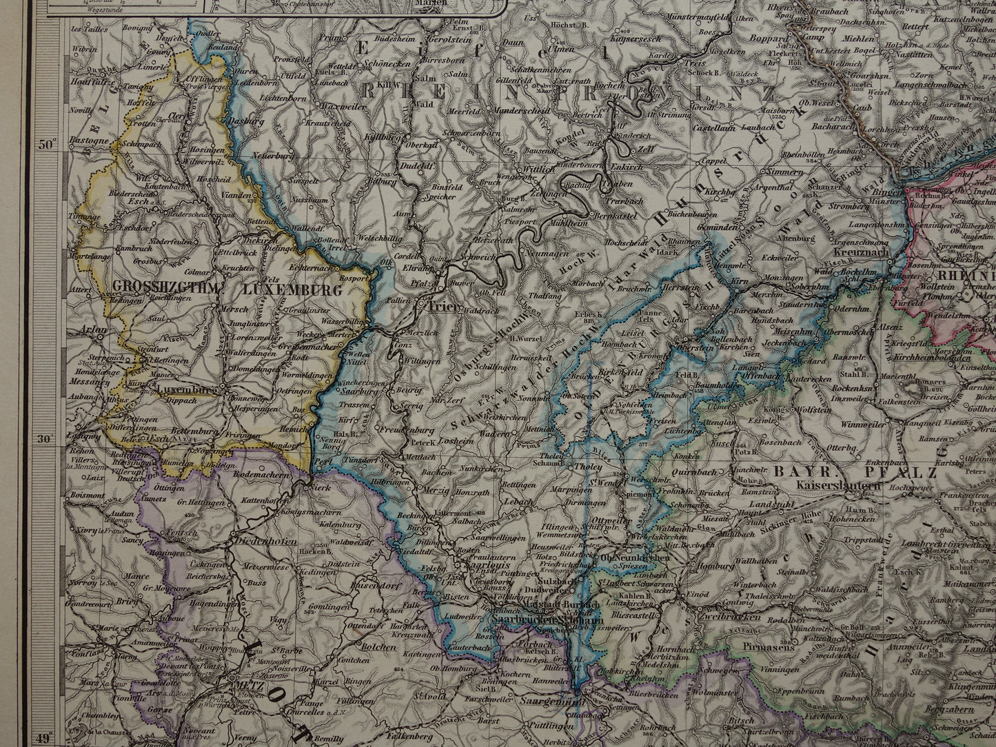 Antieke kaart van zuidwest Duitsland 1885 Mooie originele oude landkaart van Stuttgart Karlsruhe Hessen Darmstadt Mannheim Straatsburg Lotharingen Hunsrück vintage landkaarten