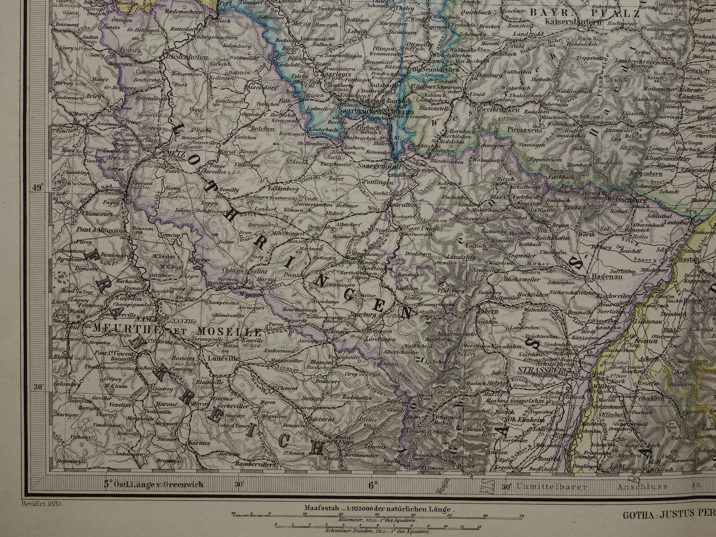 Antieke kaart van zuidwest Duitsland 1885 Mooie originele oude landkaart van Stuttgart Karlsruhe Hessen Darmstadt Mannheim Straatsburg Lotharingen Hunsrück vintage landkaarten