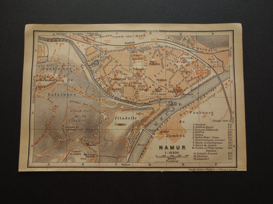 NAMES old map of Namur Belgium from 1904 small original antique map map