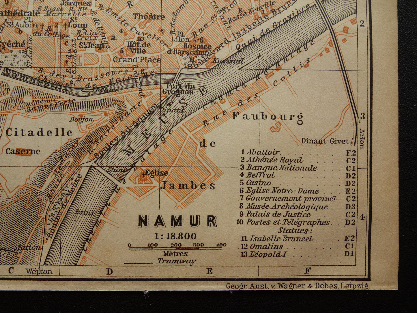 NAMES old map of Namur Belgium from 1904 small original antique map map