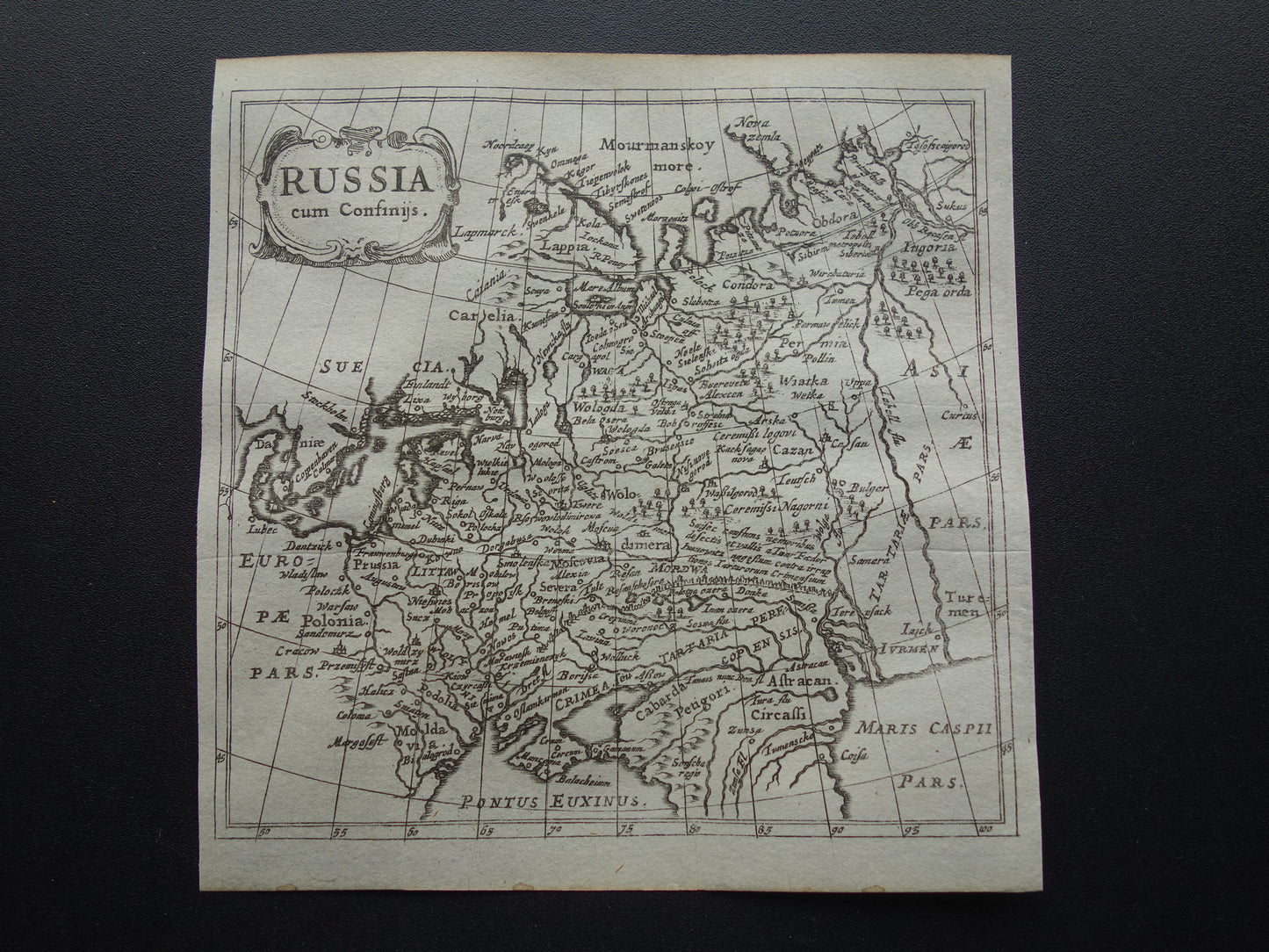 360+ year old map of Russia 1661 original antique map very small size Ukraine Caucasus