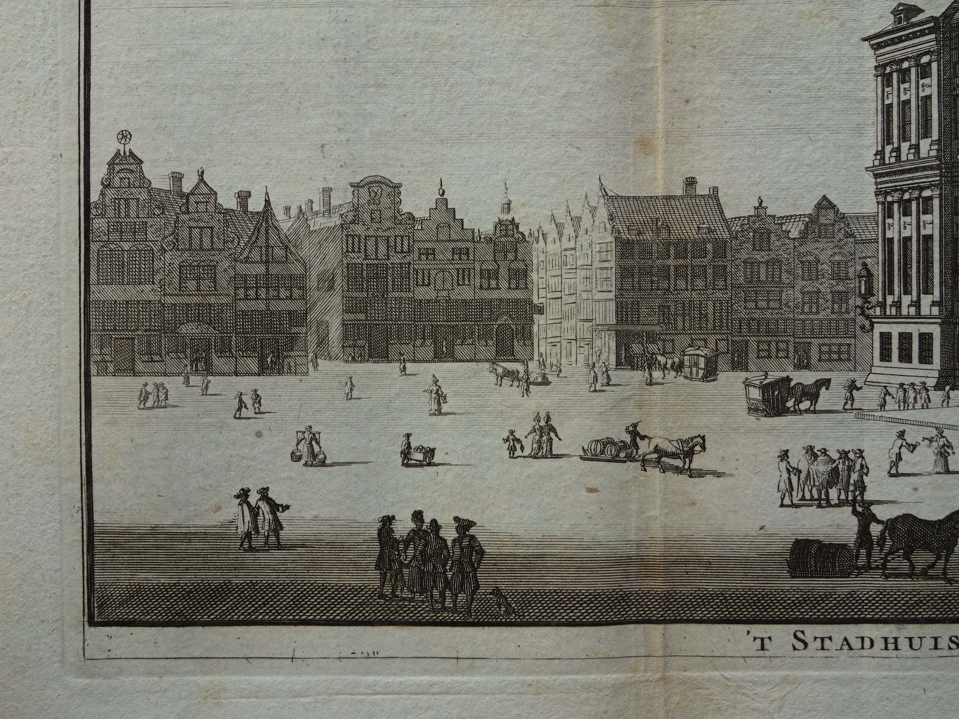 Oude prent van Paleis op de Dam Amsterdam Originele antieke gravure Stadhuis Historisch stadsgezicht Vintage Print