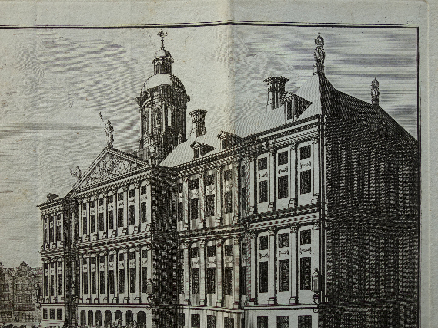 Old print of Palace on Dam Square Amsterdam Original antique engraving City Hall Historical cityscape Vintage Print