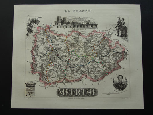 Old map of Meurthe department in France from 1851 original antique map Nancy Lunéville Pont-à-Mousson historical maps