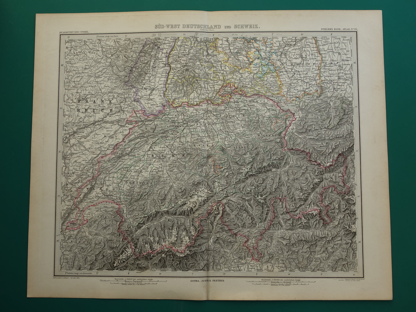 Old map of Switzerland from 1885 Detailed hand-colored map with year Original antique