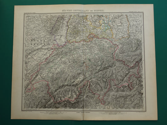 Old map of Switzerland from 1885 Detailed hand-colored map with year Original antique