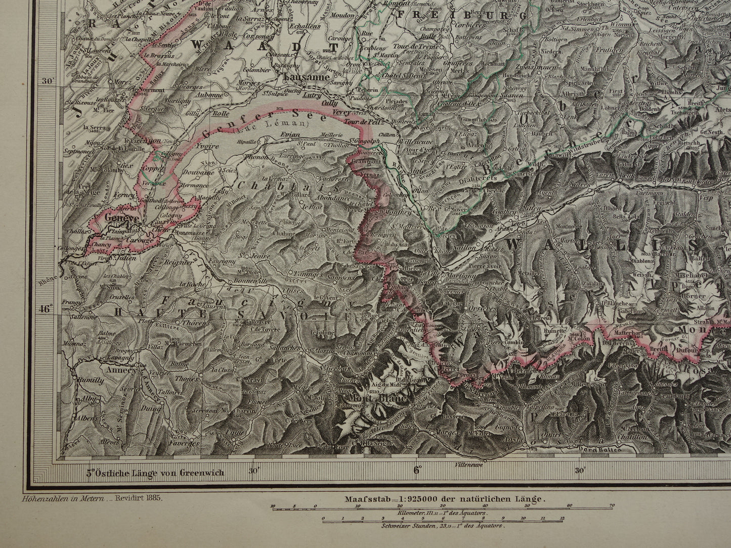 Oude landkaart van Zwitserland uit 1885 Gedetailleerde handgekleurde kaart met jaartal Origineel antiek