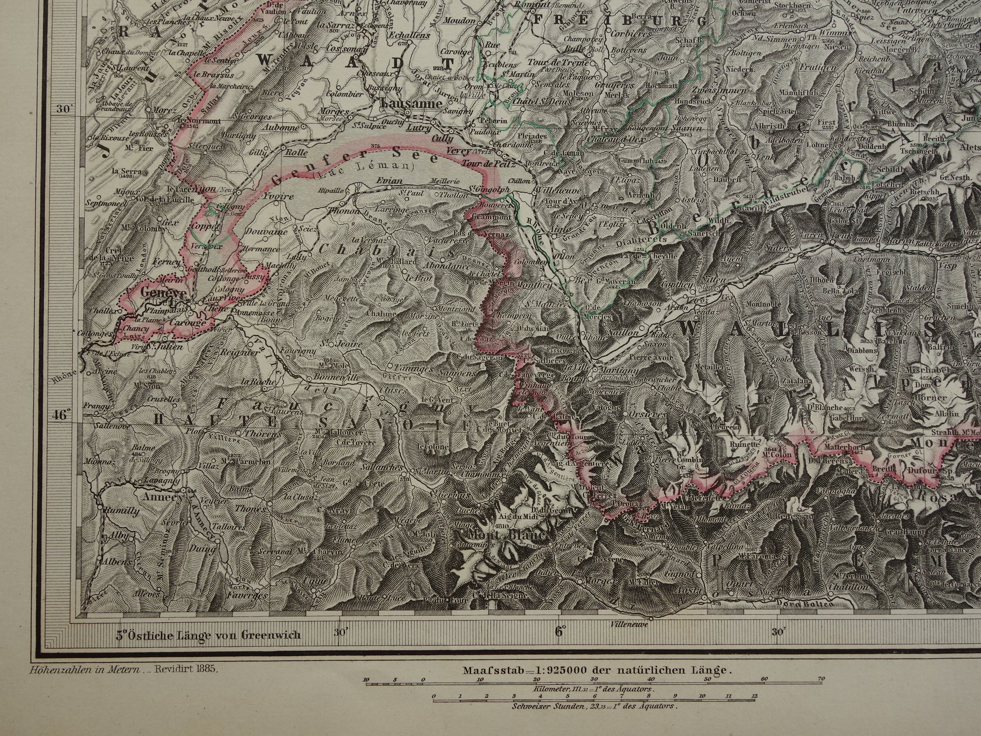 Oude landkaart van Zwitserland uit 1885 Gedetailleerde handgekleurde kaart met jaartal Origineel antiek