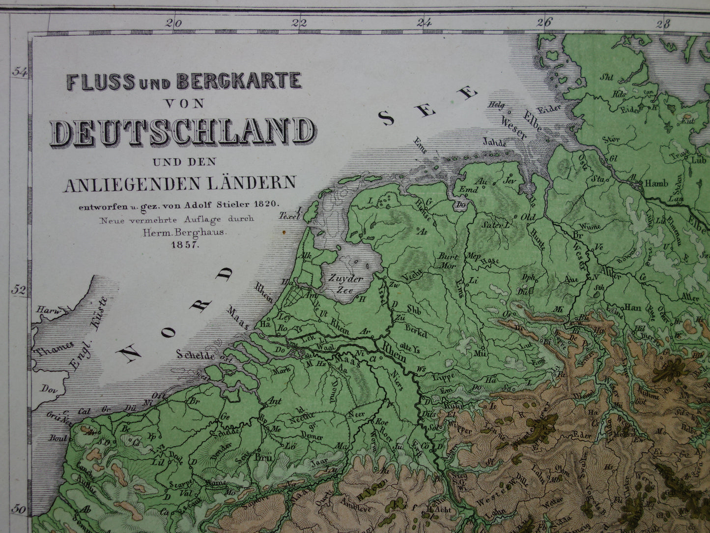 DUITSLAND oude kaart van Centraal Europa en Duitsland in 1863 originele antieke hoogtekaart Alpen Bergen Rivieren Geologie met jaartal te koop
