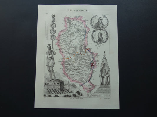 RHONE Oude kaart van Rhône departement in Frankrijk uit 1851 originele antieke landkaart Lyon historische kaarten