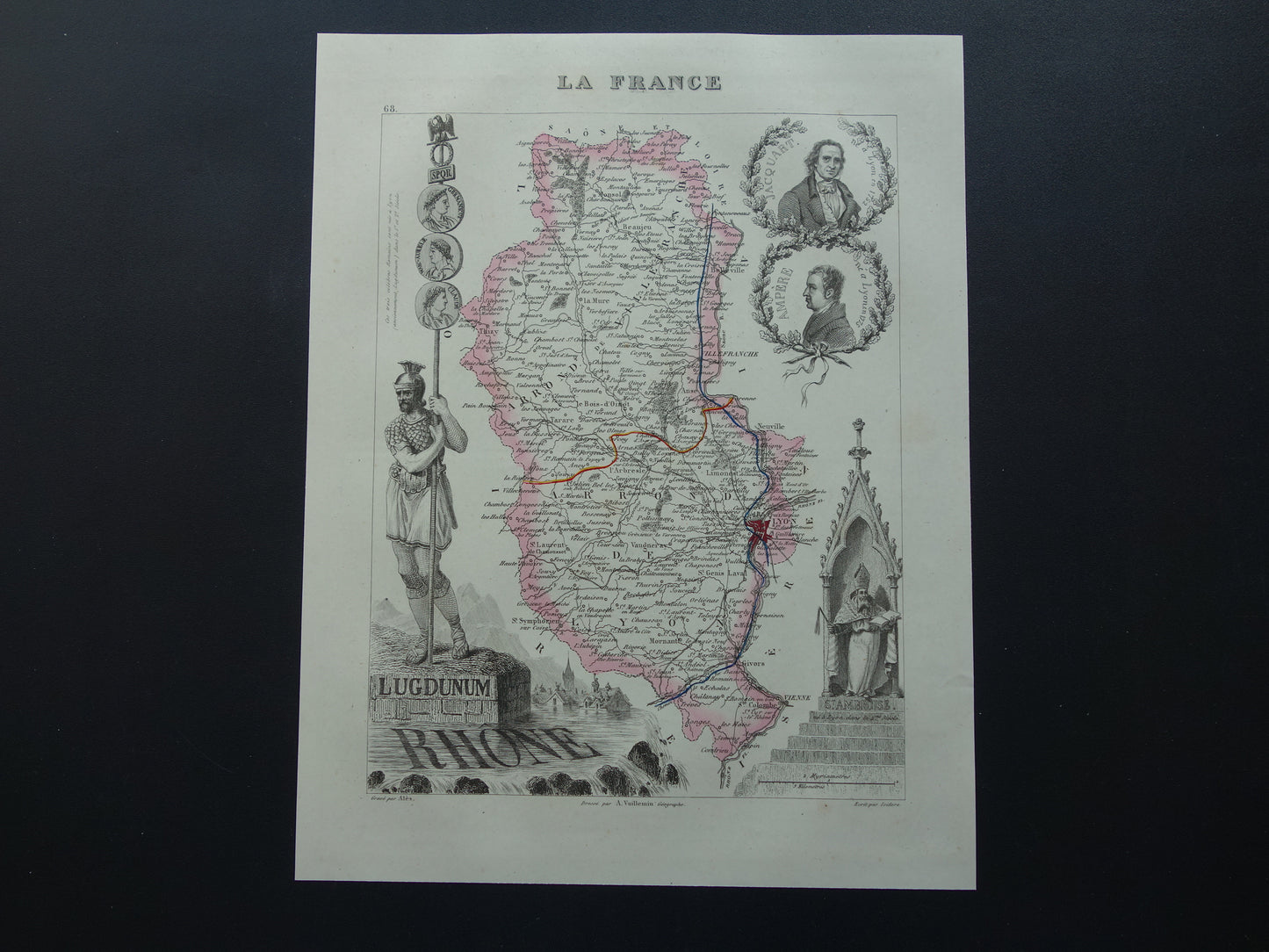 RHONE Oude kaart van Rhône departement in Frankrijk uit 1851 originele antieke landkaart Lyon historische kaarten
