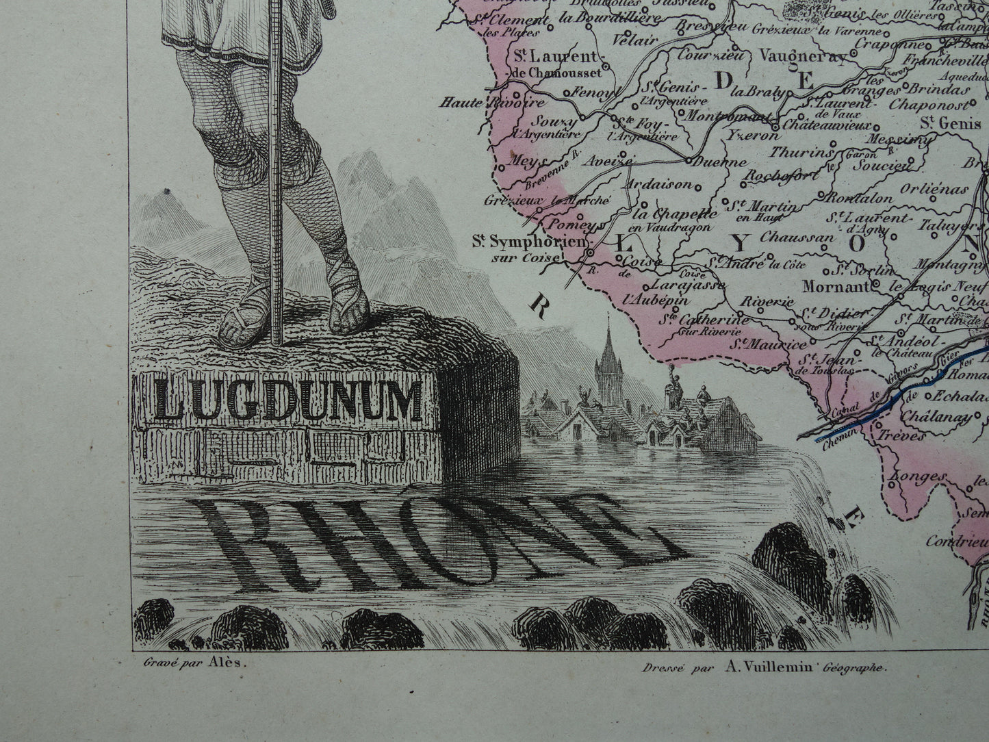 RHONE Oude kaart van Rhône departement in Frankrijk uit 1851 originele antieke landkaart Lyon historische kaarten