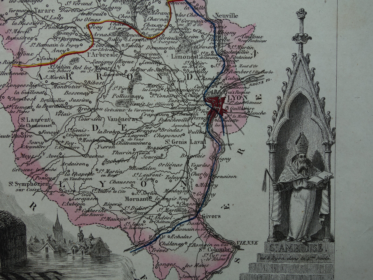 RHONE Oude kaart van Rhône departement in Frankrijk uit 1851 originele antieke landkaart Lyon historische kaarten
