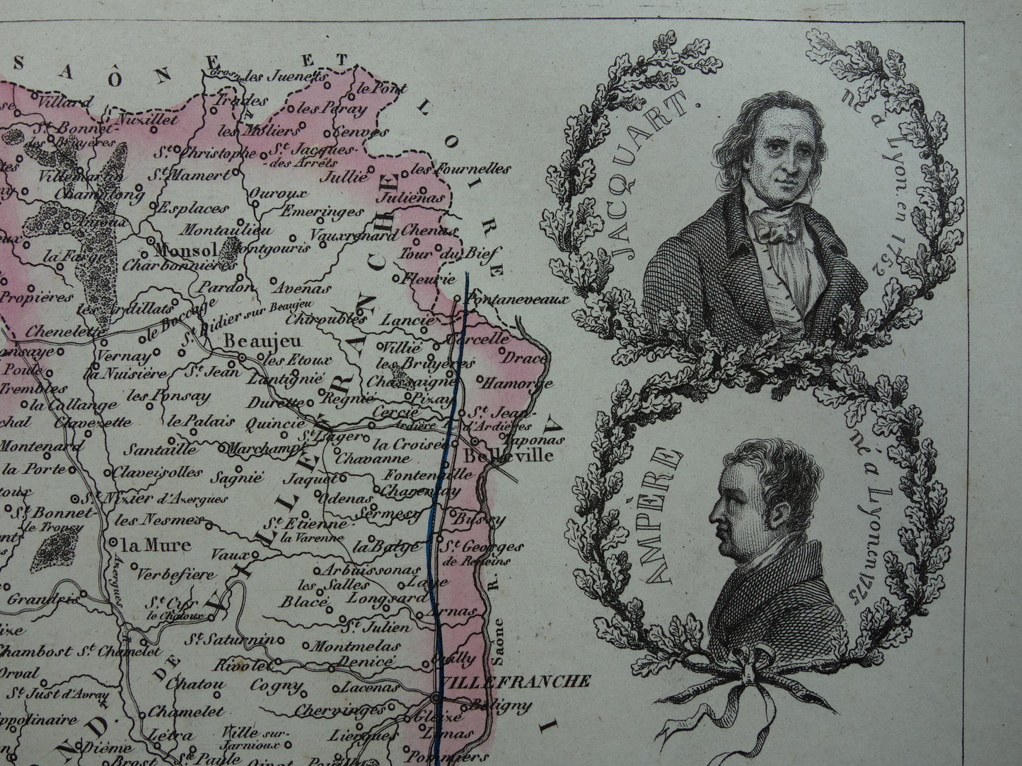 RHONE Oude kaart van Rhône departement in Frankrijk uit 1851 originele antieke landkaart Lyon historische kaarten