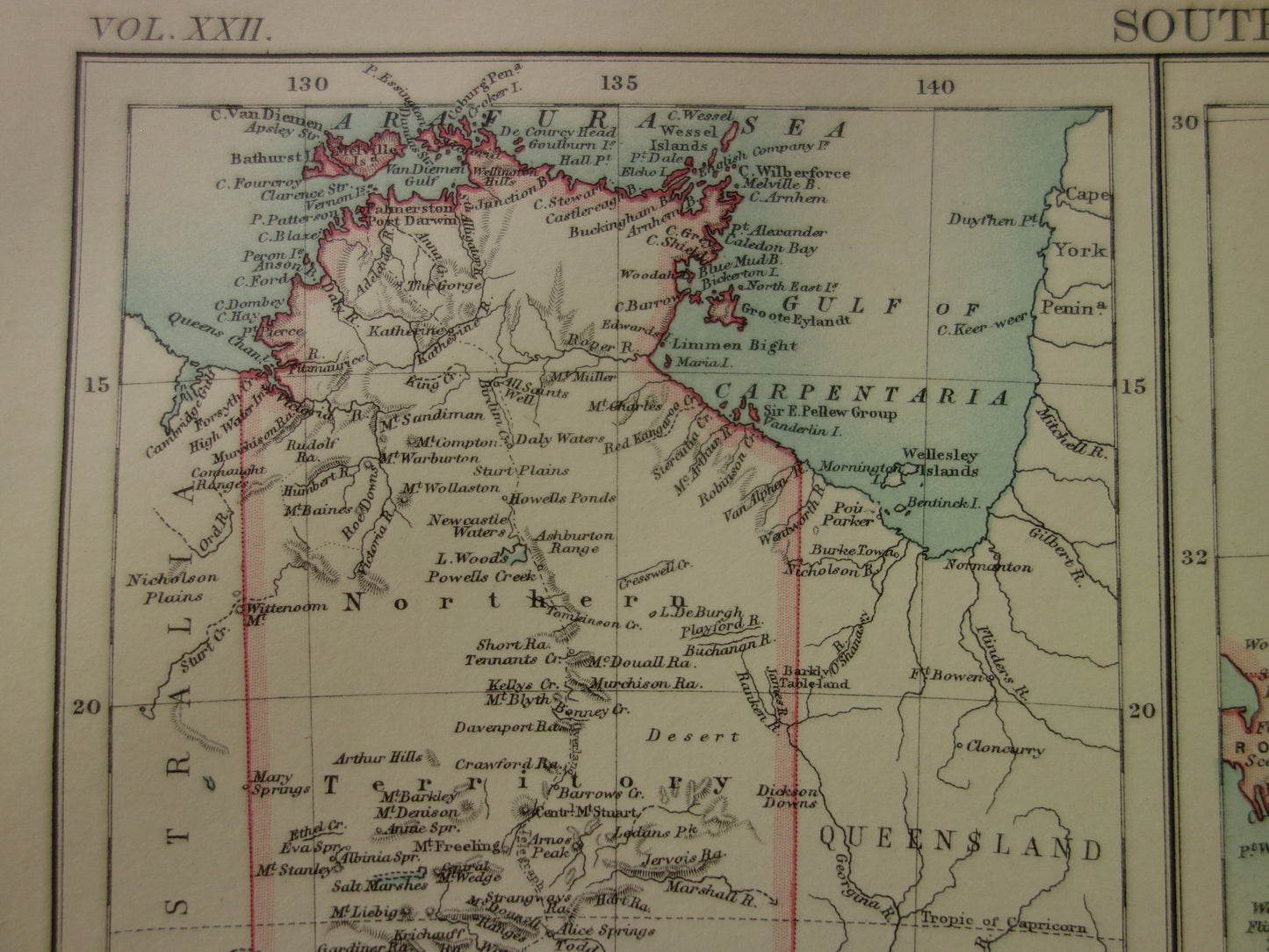 AUSTRALIE oude kaart van Northern Territory en South Australia 1887 originele antieke Engelse landkaart Zuid-Australië
