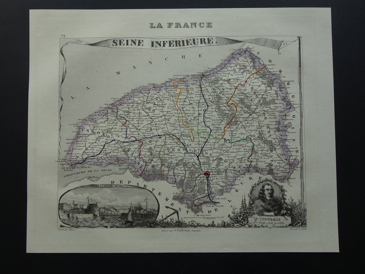 Old map of Seine-Maritime department in France from 1851 original antique map Rouen Le Havre historical maps