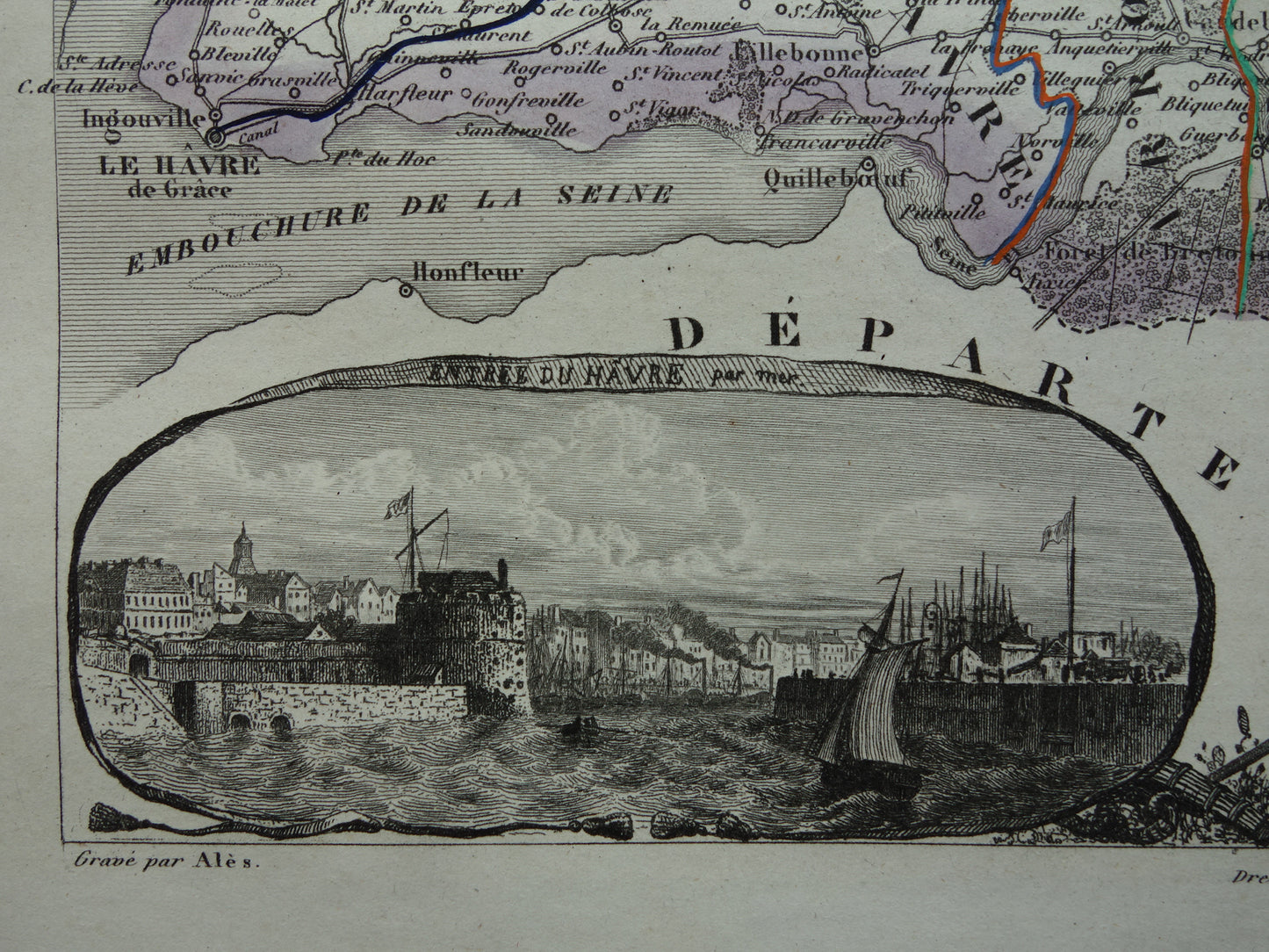 Old map of Seine-Maritime department in France from 1851 original antique map Rouen Le Havre historical maps