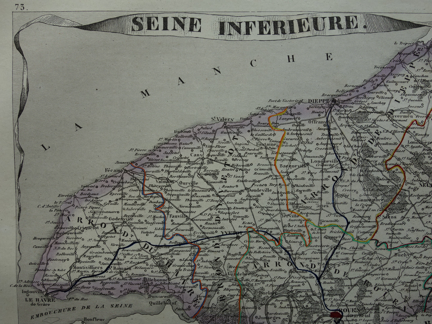 Old map of Seine-Maritime department in France from 1851 original antique map Rouen Le Havre historical maps