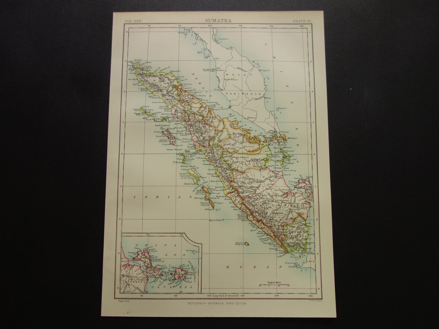 SUMATRA oude kaart van Medan Palembang Padang Indonesië 1887 originele antieke Engelse landkaart