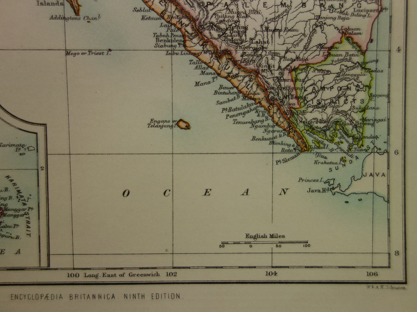 SUMATRA old map of Medan Palembang Padang Indonesia 1887 original antique English map