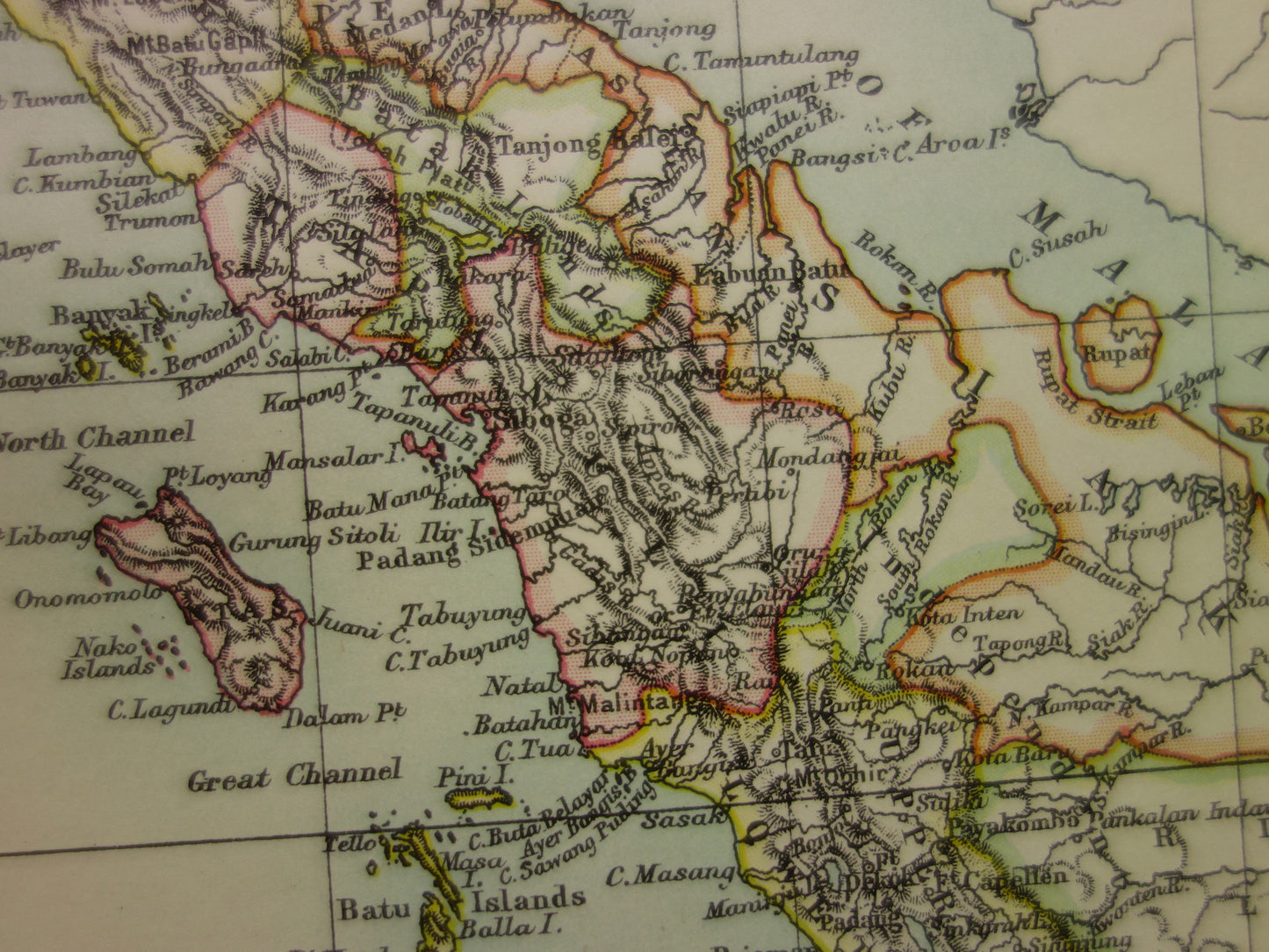 SUMATRA old map of Medan Palembang Padang Indonesia 1887 original antique English map