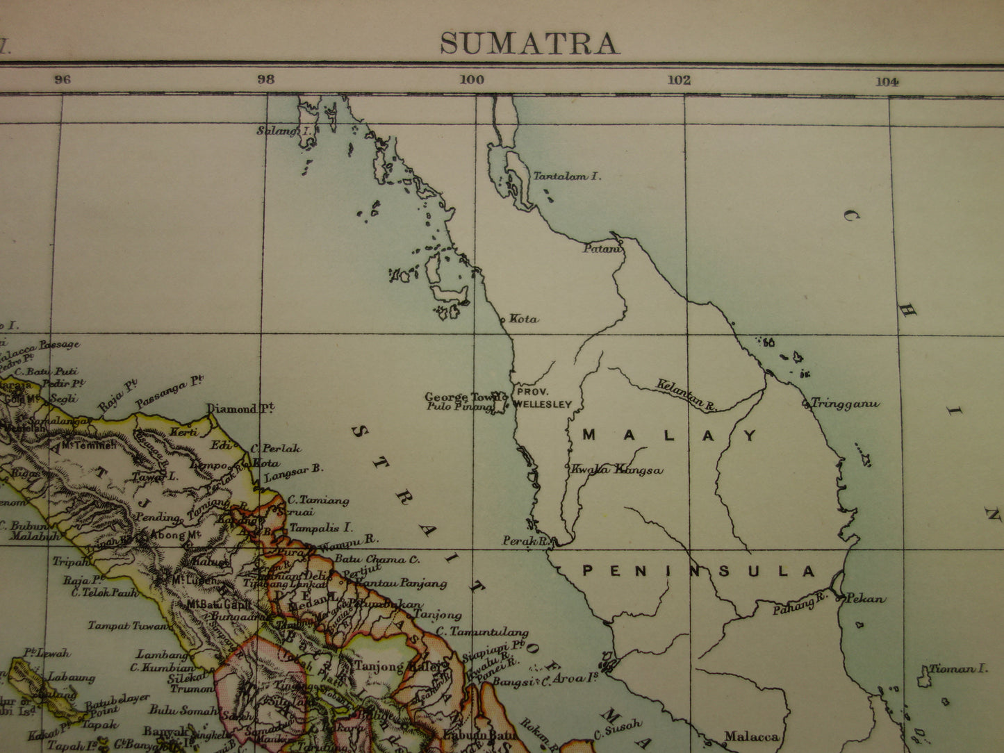 SUMATRA old map of Medan Palembang Padang Indonesia 1887 original antique English map